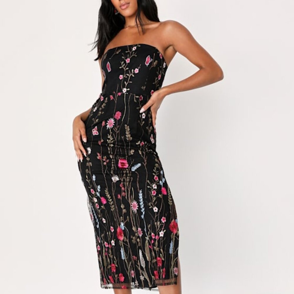 Lulus Bold Botanicals Black Floral Embroidered Strapless Midi Dress - Size L